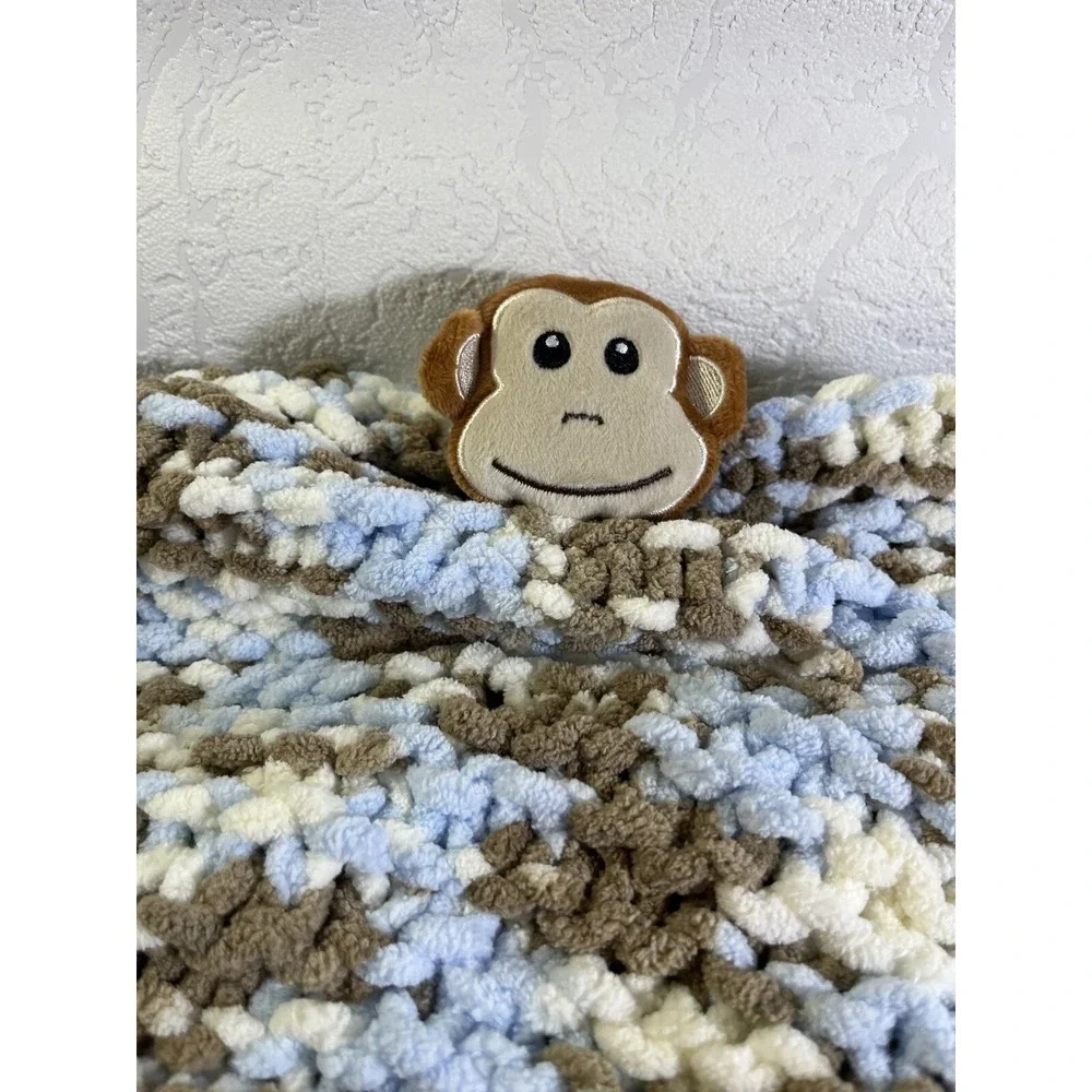 Baby Lovey Chenille Crocteched Blanket 15 X 15 Super Soft Brown Blue Monkey